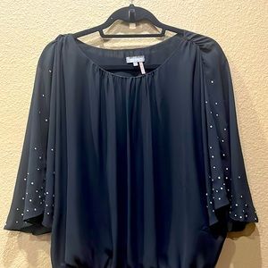 Small Vince Camuto black blouse with sheer sleeves with rhinestone detail
